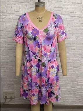 Floral V-Neck Short Sleeve Nightdress - Pink & Purple